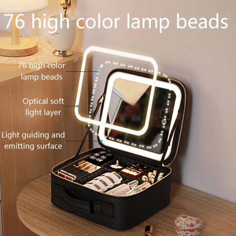 Portable Makeup Bags Smart LED Makeup Bag With Mirror Cosmetic Bag Travel Makeup Bag  Waterproof PU Leather Travel Cosmetic Case